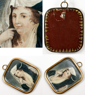 Antique French Portrait Miniature of a Young Woman, Holding a Veil Over Her Head, Frame