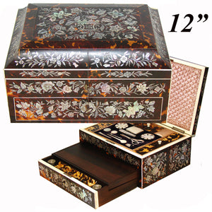 RAREST Museum Victorian 12" Sewing Box and Writer's Slope, Tortoiseshell Tortoise Shell, Inlaid with Mother of Pearl - Complete!