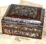 RAREST Museum Victorian 12" Sewing Box and Writer's Slope, Tortoiseshell Tortoise Shell, Inlaid with Mother of Pearl - Complete!