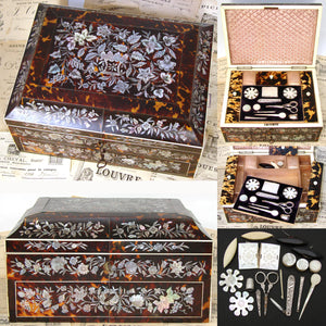 RAREST Museum Victorian 12" Sewing Box and Writer's Slope, Tortoiseshell Tortoise Shell, Inlaid with Mother of Pearl - Complete!