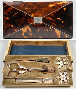 Antique 14k Thimble, 12k Sewing Tools, Fine Victorian Tortoise Shell Box, Case, Etui c.1850s