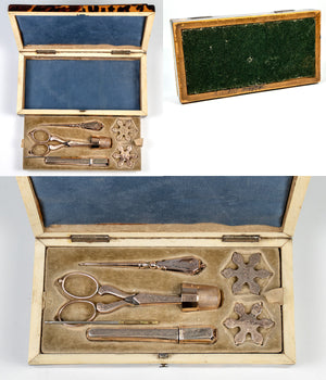 Antique 14k Thimble, 12k Sewing Tools, Fine Victorian Tortoise Shell Box, Case, Etui c.1850s