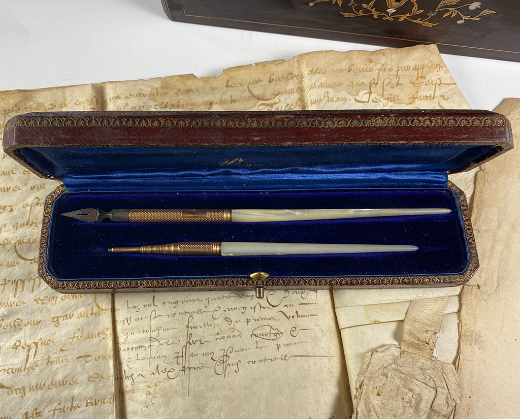 Antique Box w French Palais Royal Mother of Pearl Pen and Pencil Set, c.1850-80, Napoleon III