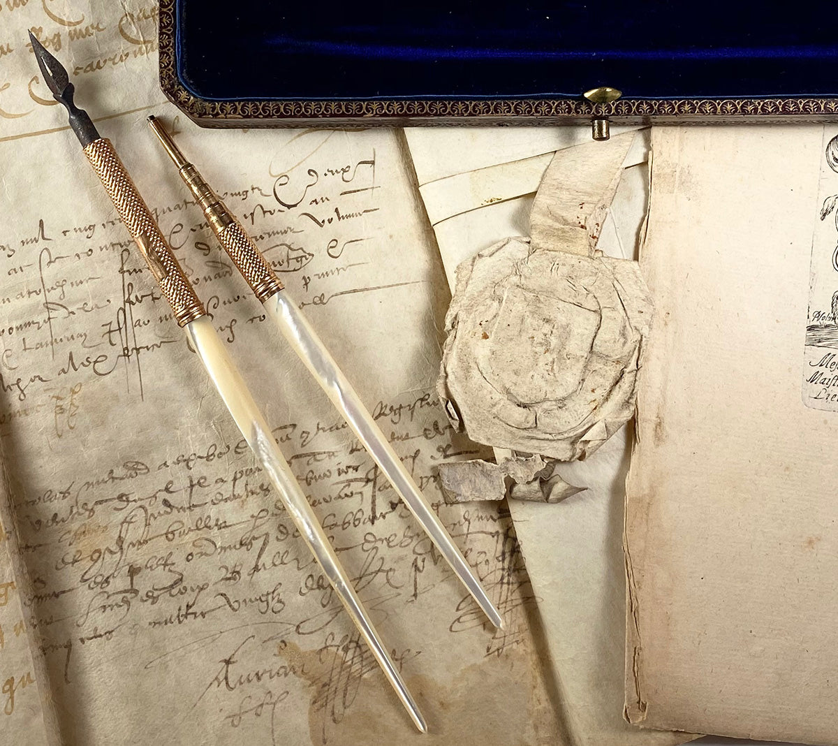 Antique Box w French Palais Royal Mother of Pearl Pen and Pencil Set, c.1850-80, Napoleon III