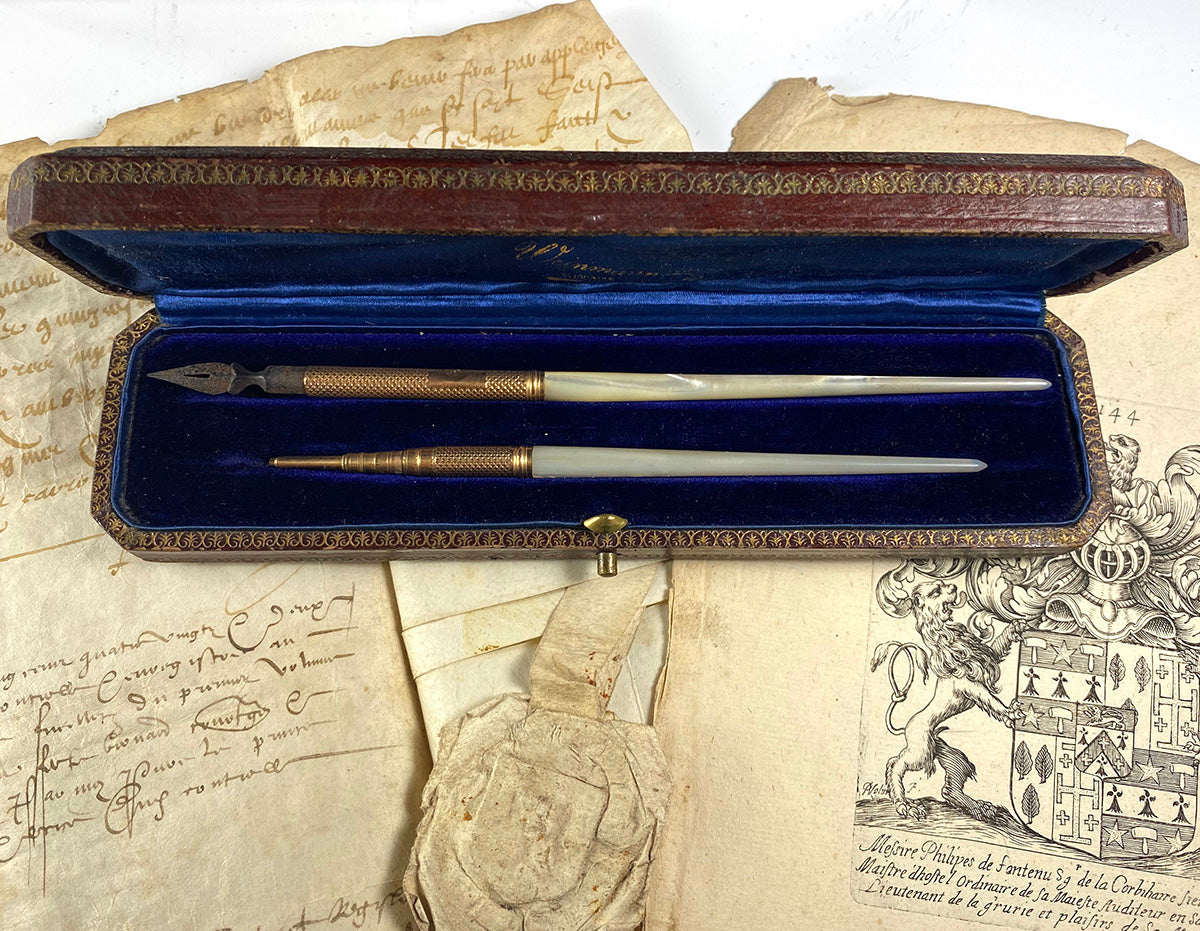 Antique Box w French Palais Royal Mother of Pearl Pen and Pencil Set, c.1850-80, Napoleon III