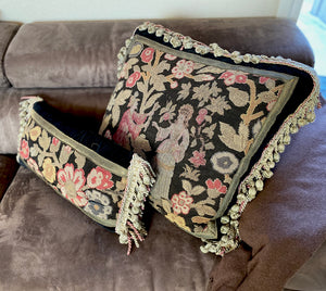 2 Antique French Needlepoint Panel & Lush Fringe Decorator Throw Pillows, Large Pair