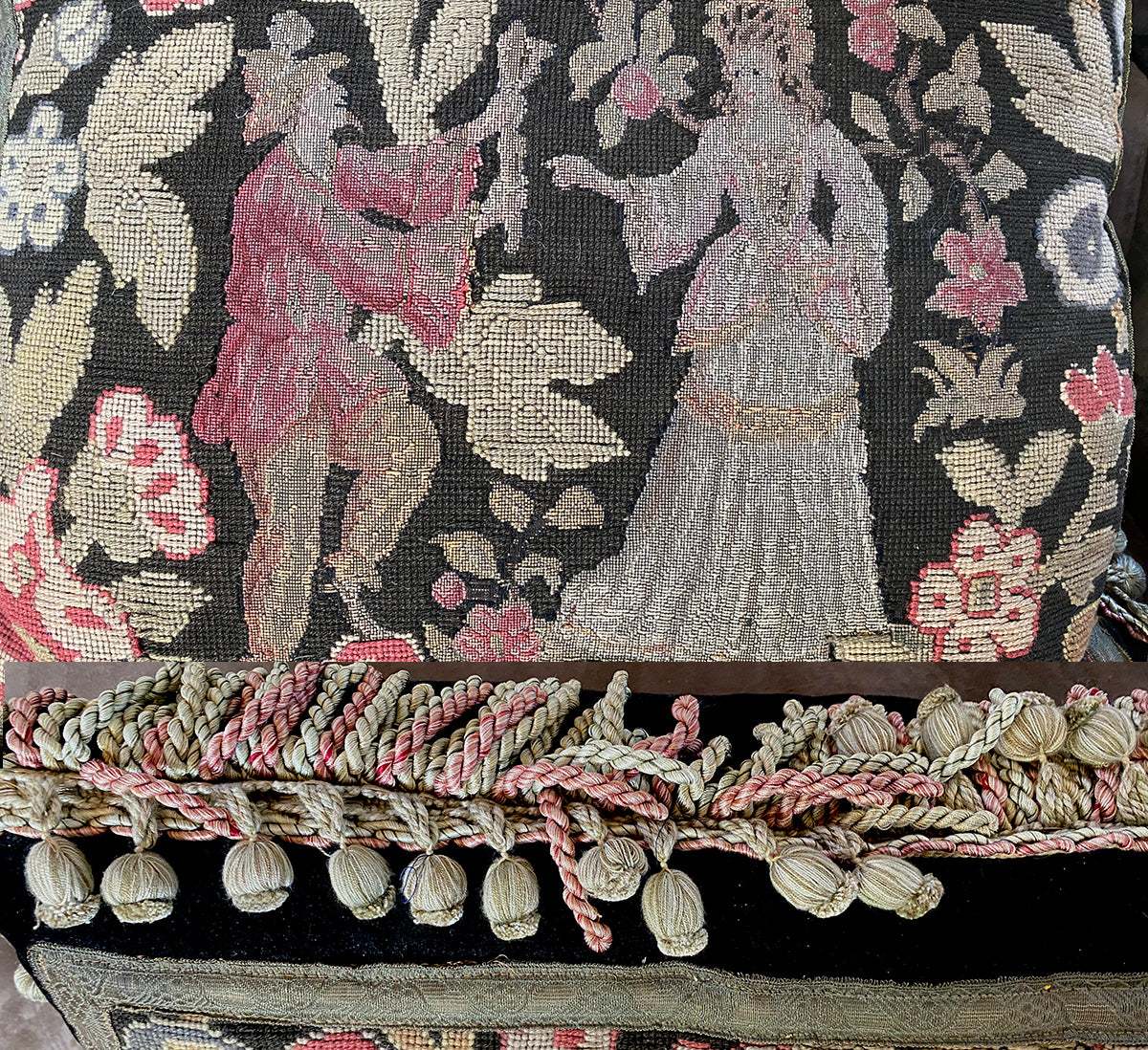 2 Antique French Needlepoint Panel & Lush Fringe Decorator Throw Pillows, Large Pair
