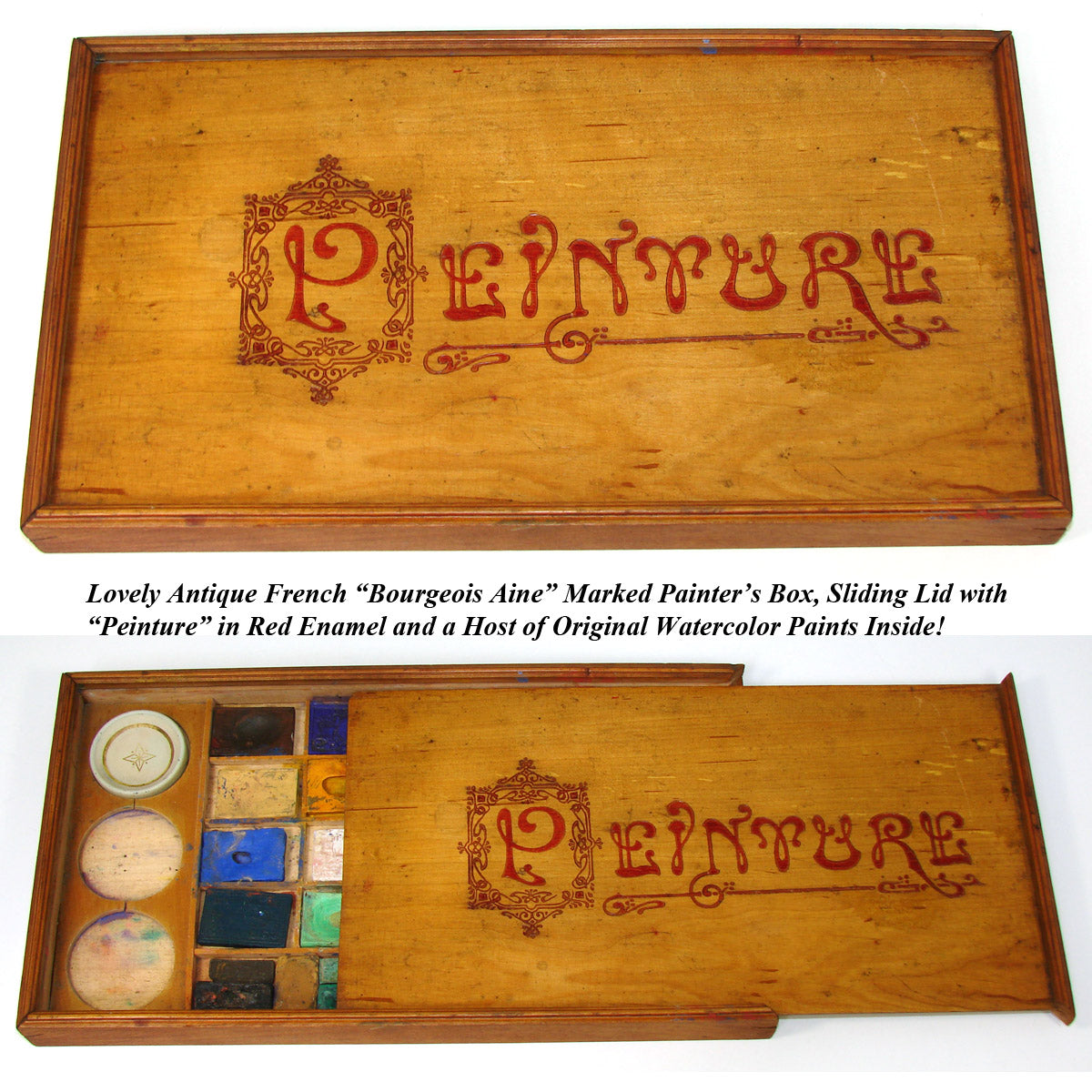 Antique French Painter's Box, Bourgeois Aine Water Color Cakes, "Peinture"