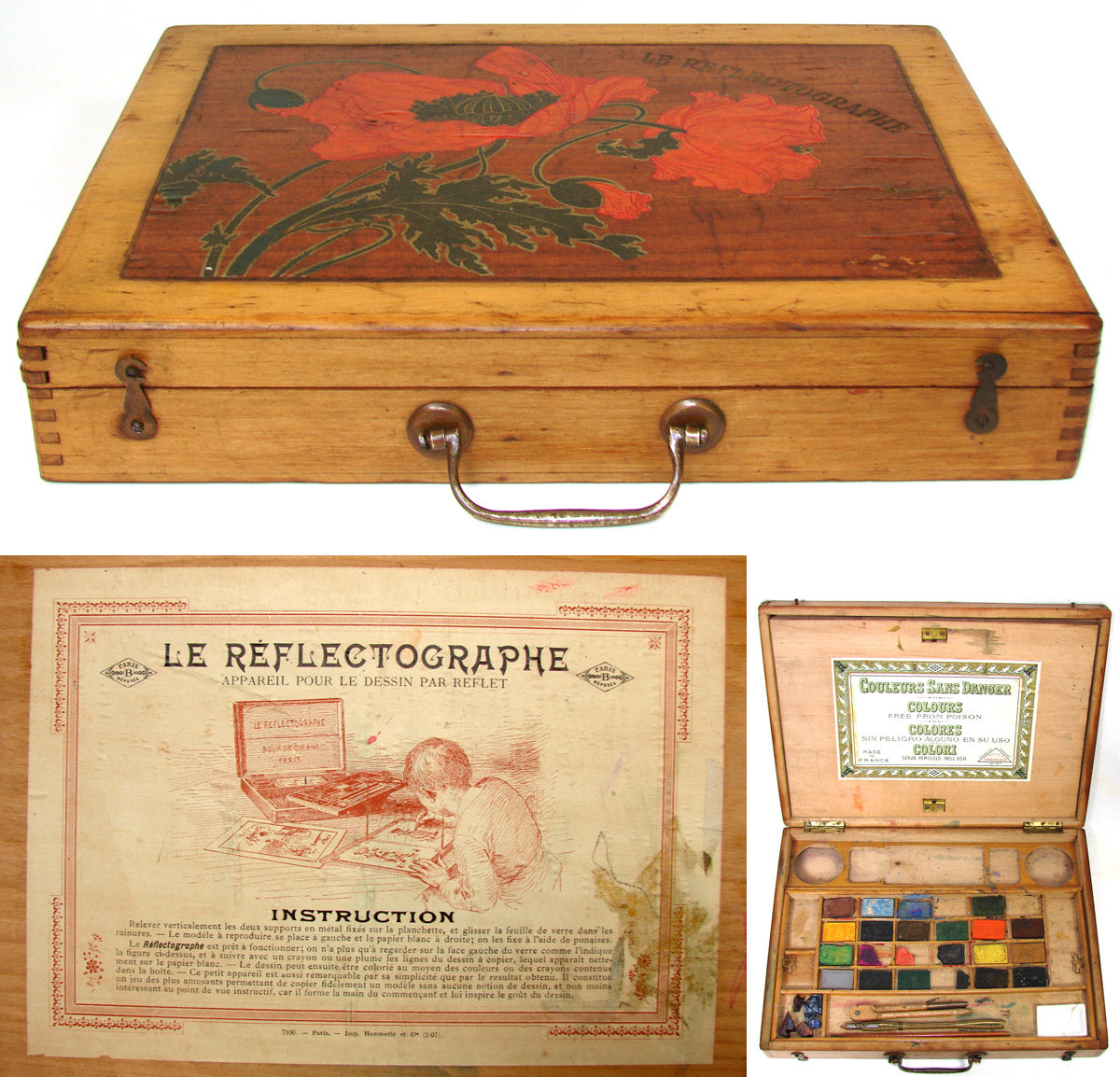 Fab Antique French Bourgeois Aine Painter's Box, Watercolor Set, Art Nouveau