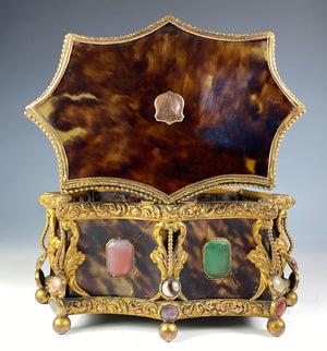 RARE Antique French Jewelry Casket, Box, Tortoise Shell Mounted with SemiPrecious Gems, Ormolu, c.1800 Tortoiseshell