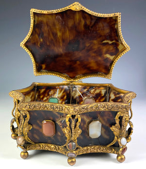 RARE Antique French Jewelry Casket, Box, Tortoise Shell Mounted with SemiPrecious Gems, Ormolu, c.1800 Tortoiseshell