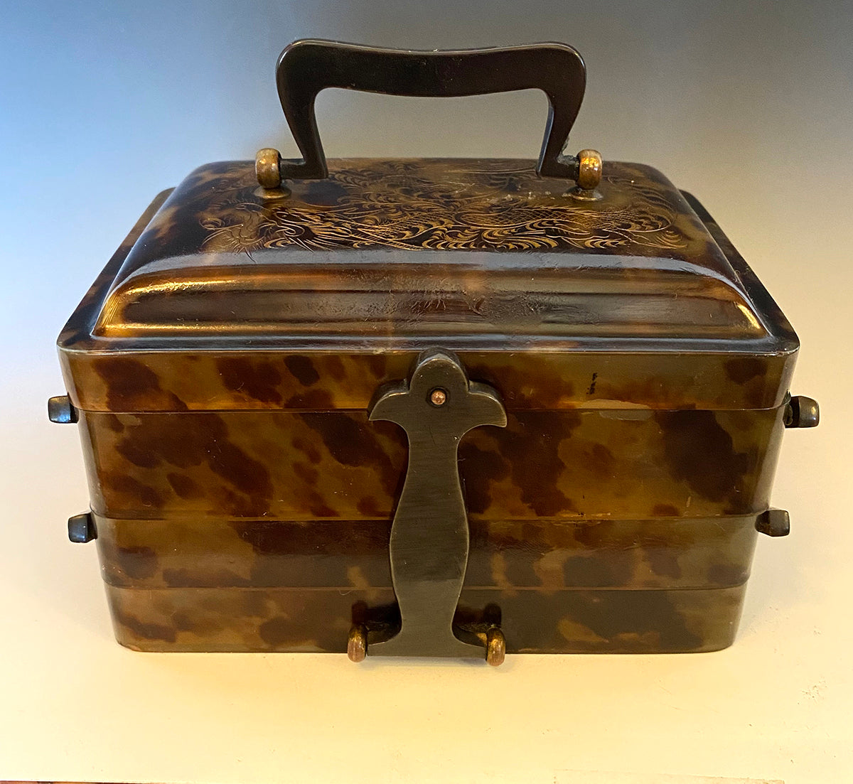 Antique Asian Jewelry Box, Expandable 3-tier, Tortoise Shell with Dragon, 5" expands to 9+"