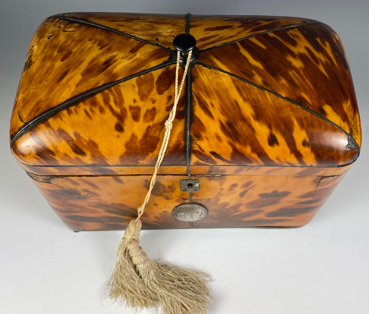 Superb Georgian (1770s) English Tortoise Shell Tea Caddy, Tortoiseshell, 6.75" Long