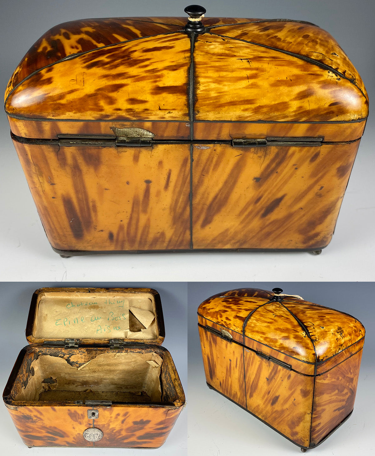 Superb Georgian (1770s) English Tortoise Shell Tea Caddy, Tortoiseshell, 6.75" Long