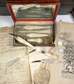 Antique c. 1700s French Writer's or Scribe's Travel Etui, Wax Seal, Pen, Tools, Mother of Pearl, 2 Inkwells in Case