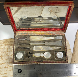 Antique c. 1700s French Writer's or Scribe's Travel Etui, Wax Seal, Pen, Tools, Mother of Pearl, 2 Inkwells in Case