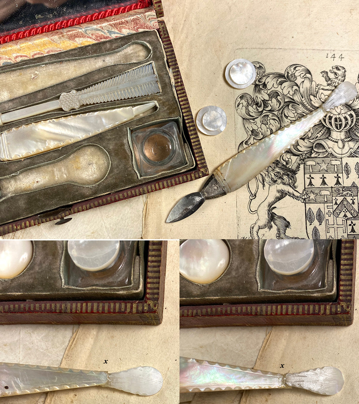 Antique c. 1700s French Writer's or Scribe's Travel Etui, Wax Seal, Pen, Tools, Mother of Pearl, 2 Inkwells in Case