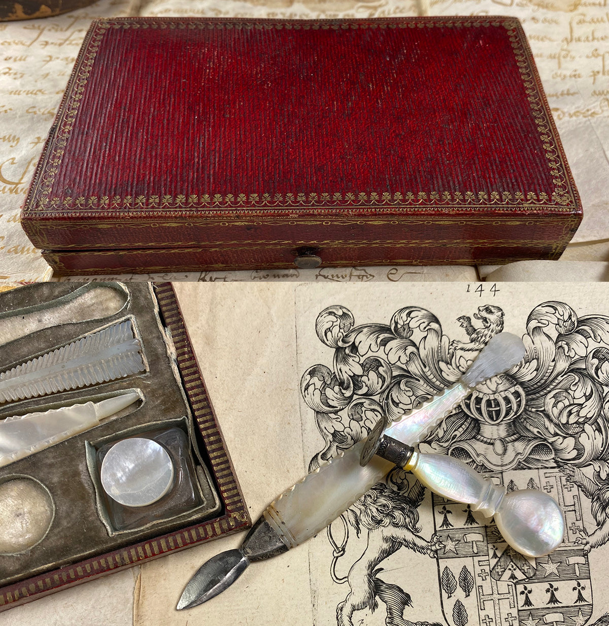 Antique c. 1700s French Writer's or Scribe's Travel Etui, Wax Seal, Pen, Tools, Mother of Pearl, 2 Inkwells in Case