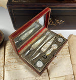 Antique c. 1700s French Writer's or Scribe's Travel Etui, Wax Seal, Pen, Tools, Mother of Pearl, 2 Inkwells in Case