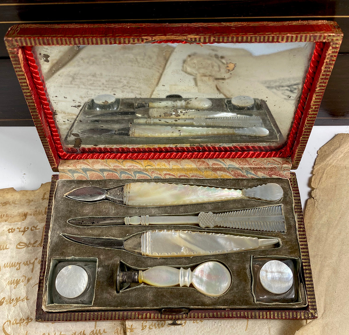 Antique c. 1700s French Writer's or Scribe's Travel Etui, Wax Seal, Pen, Tools, Mother of Pearl, 2 Inkwells in Case