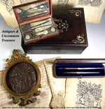 Antique c. 1700s French Writer's or Scribe's Travel Etui, Wax Seal, Pen, Tools, Mother of Pearl, 2 Inkwells in Case