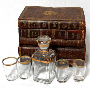 Antique Leather Bound French Book Stack Liqueur Bar, Glassware, Music Box