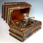 Antique Leather Bound French Book Stack Liqueur Bar, Glassware, Music Box