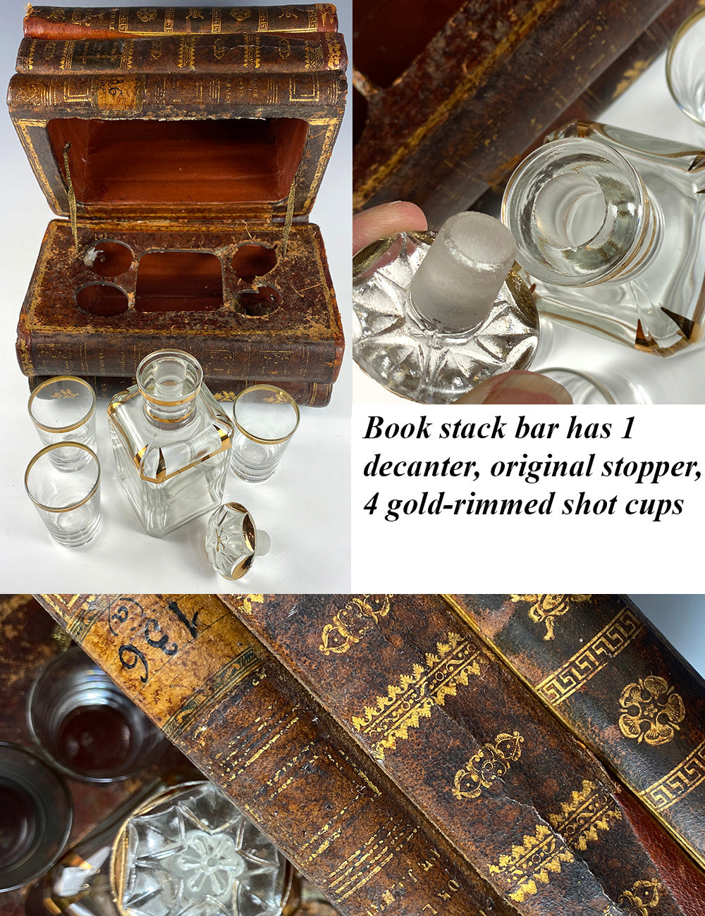 Antique Leather Bound French Book Stack Liqueur Bar, Glassware, Music Box