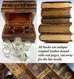 Antique Leather Bound French Book Stack Liqueur Bar, Glassware, Music Box