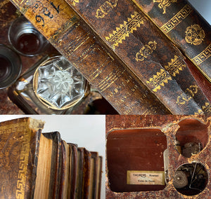 Antique Leather Bound French Book Stack Liqueur Bar, Glassware, Music Box