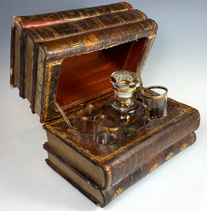 Antique Leather Bound French Book Stack Liqueur Bar, Glassware, Music Box