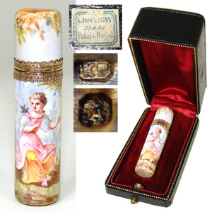 Rare Antique French Palais Royal Kiln-fired Enamel & Vermeil Scent Bottle, Flask, Orig. Box