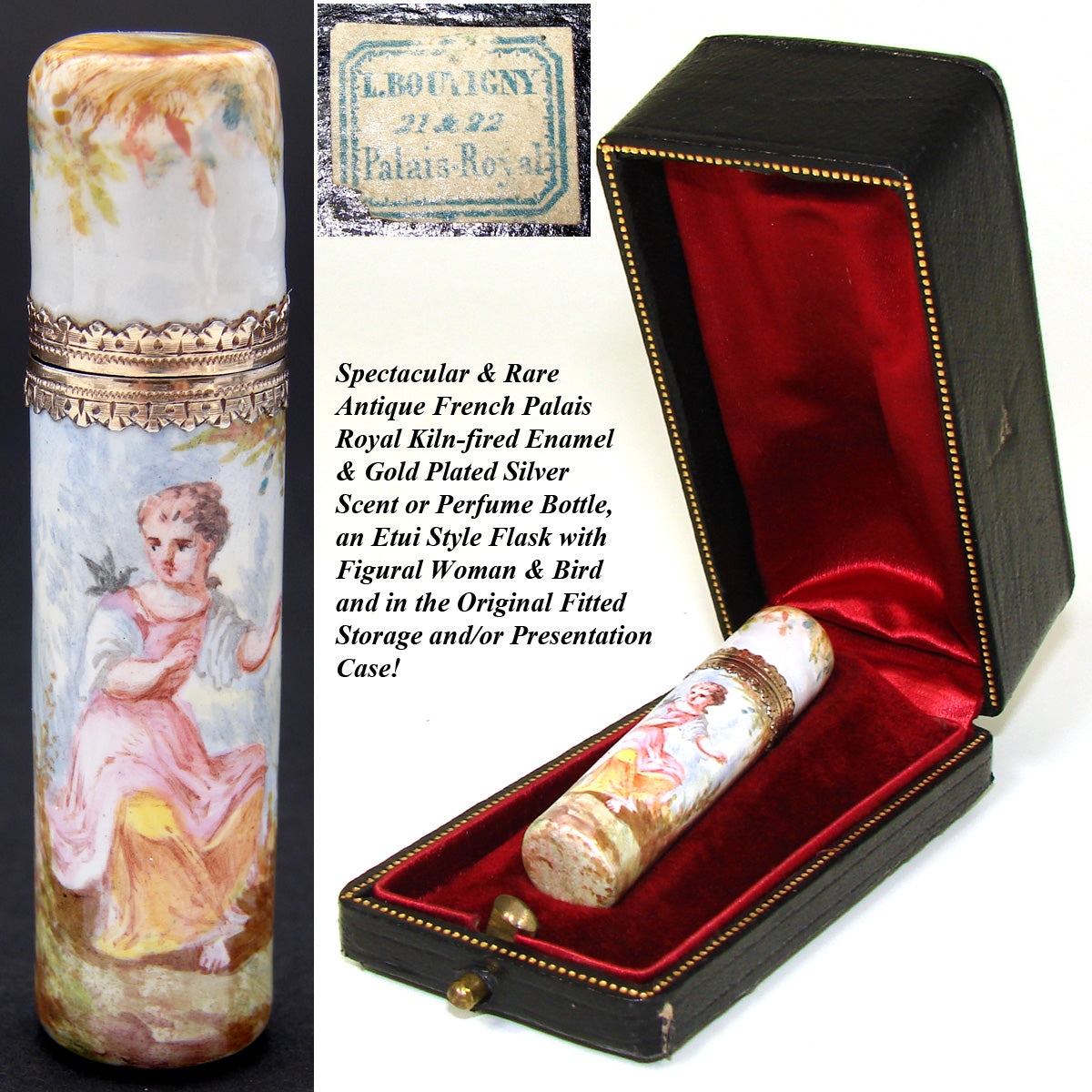 Rare Antique French Palais Royal Kiln-fired Enamel & Vermeil Scent Bottle, Flask, Orig. Box