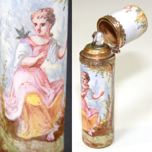 Rare Antique French Palais Royal Kiln-fired Enamel & Vermeil Scent Bottle, Flask, Orig. Box