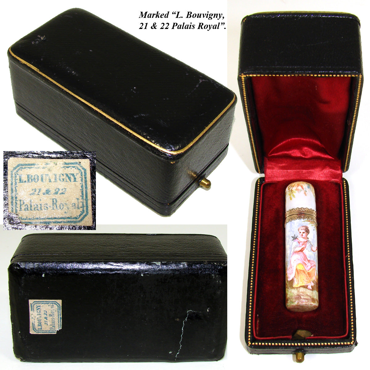 Rare Antique French Palais Royal Kiln-fired Enamel & Vermeil Scent Bottle, Flask, Orig. Box