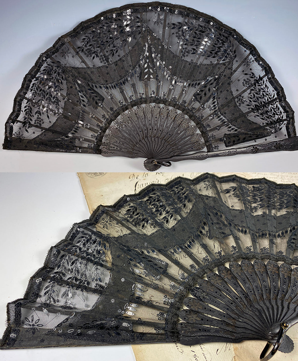 Antique French Hand Fan, c.1905, 22cm Wood and Sequined Lace Netting EC