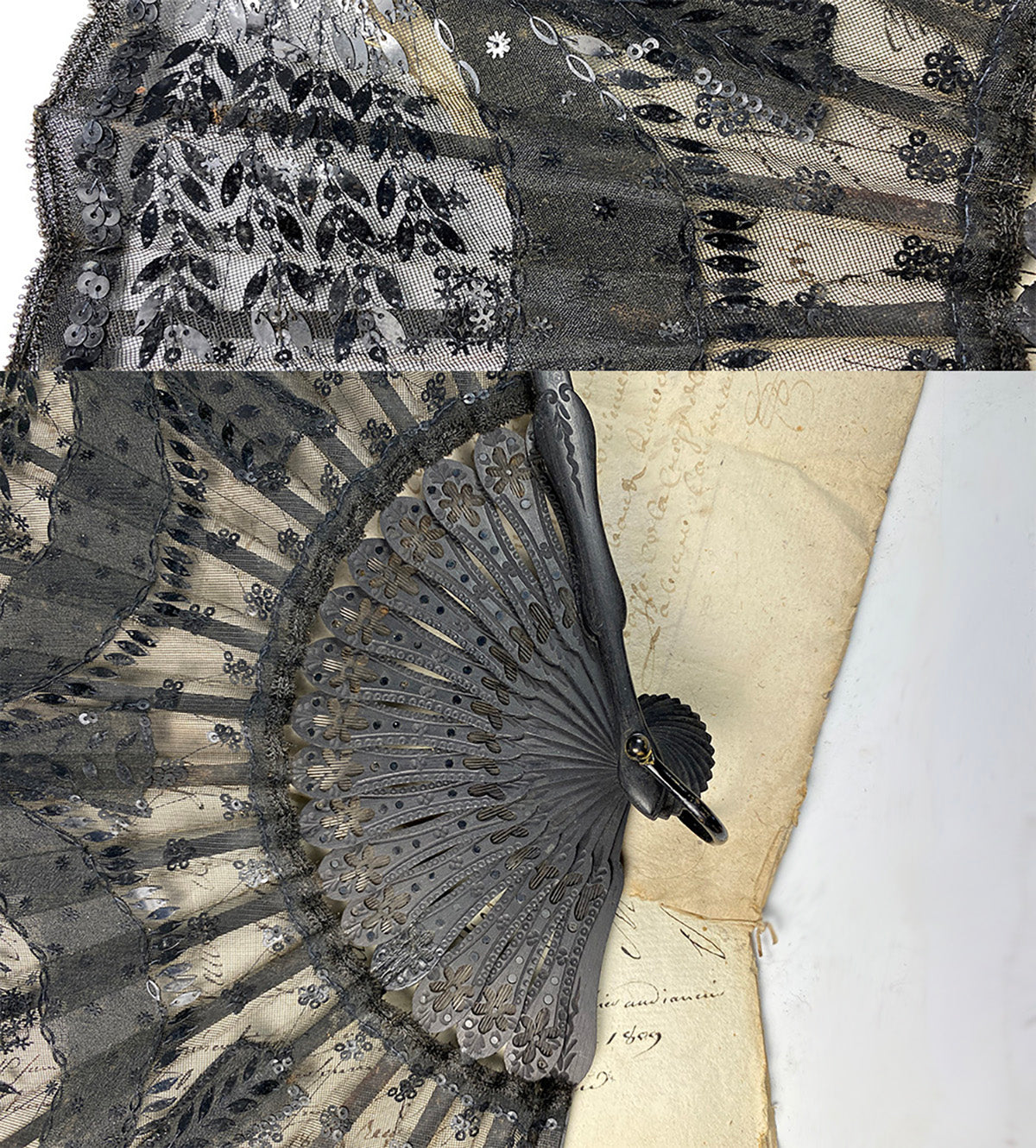 Antique French Hand Fan, c.1905, 22cm Wood and Sequined Lace Netting EC