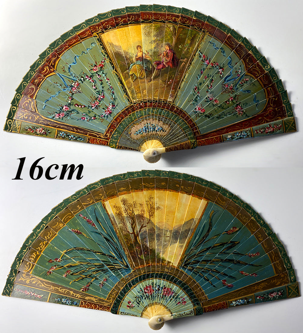 Antique French Hand Painted Vernis Martin 16cm Brisé Hand Fan, Romantic Era c.1700s Manner, c.1895-1905. #1