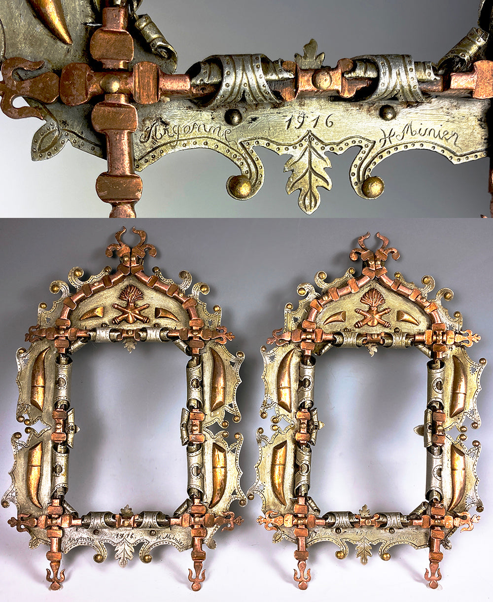 Pair, 2 Antique French Trench Art Frames, Spent Shells from Argonne Battle, 1916, Artist signed