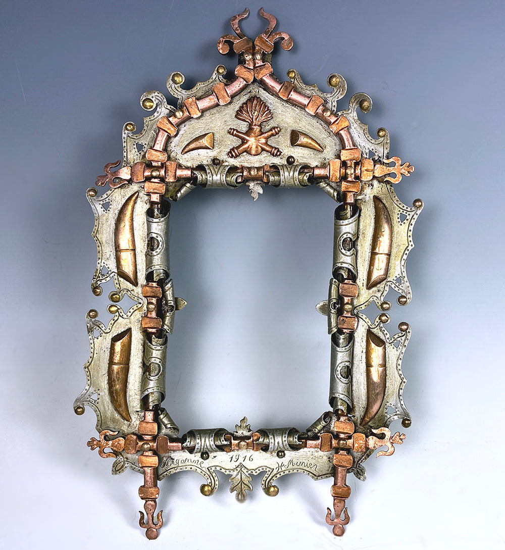 Pair, 2 Antique French Trench Art Frames, Spent Shells from Argonne Battle, 1916, Artist signed