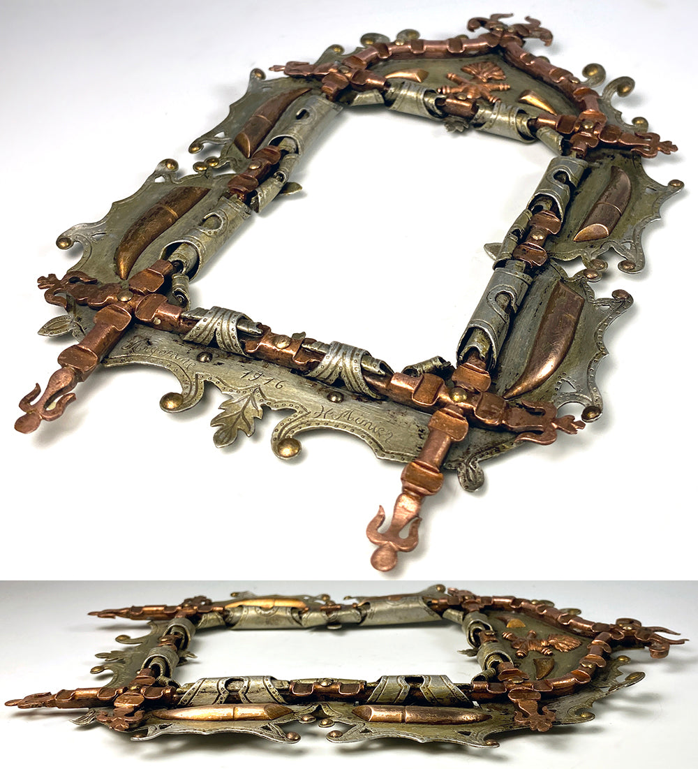 Pair, 2 Antique French Trench Art Frames, Spent Shells from Argonne Battle, 1916, Artist signed