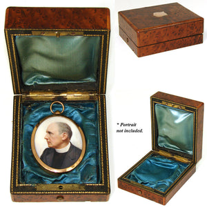 Antique French Napoleon III Pocket Watch, Portrait Miniature or Medallion Casket, Burled Box