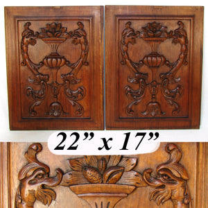 Antique Victorian Carved Oak Furniture or Cabinet Door Panel PAIR, Architectural Salvage