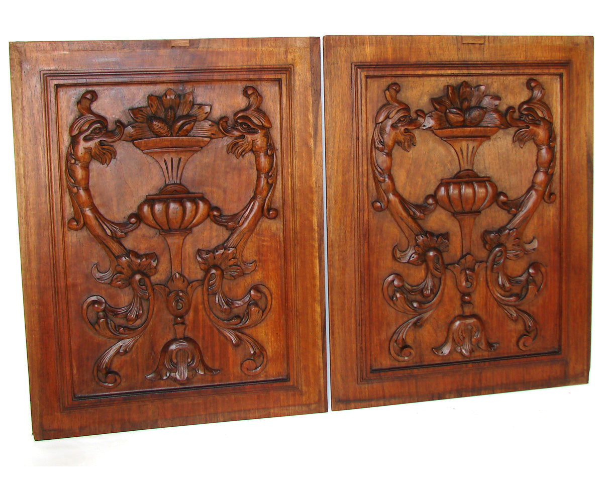 Antique Victorian Carved Oak Furniture or Cabinet Door Panel PAIR, Architectural Salvage