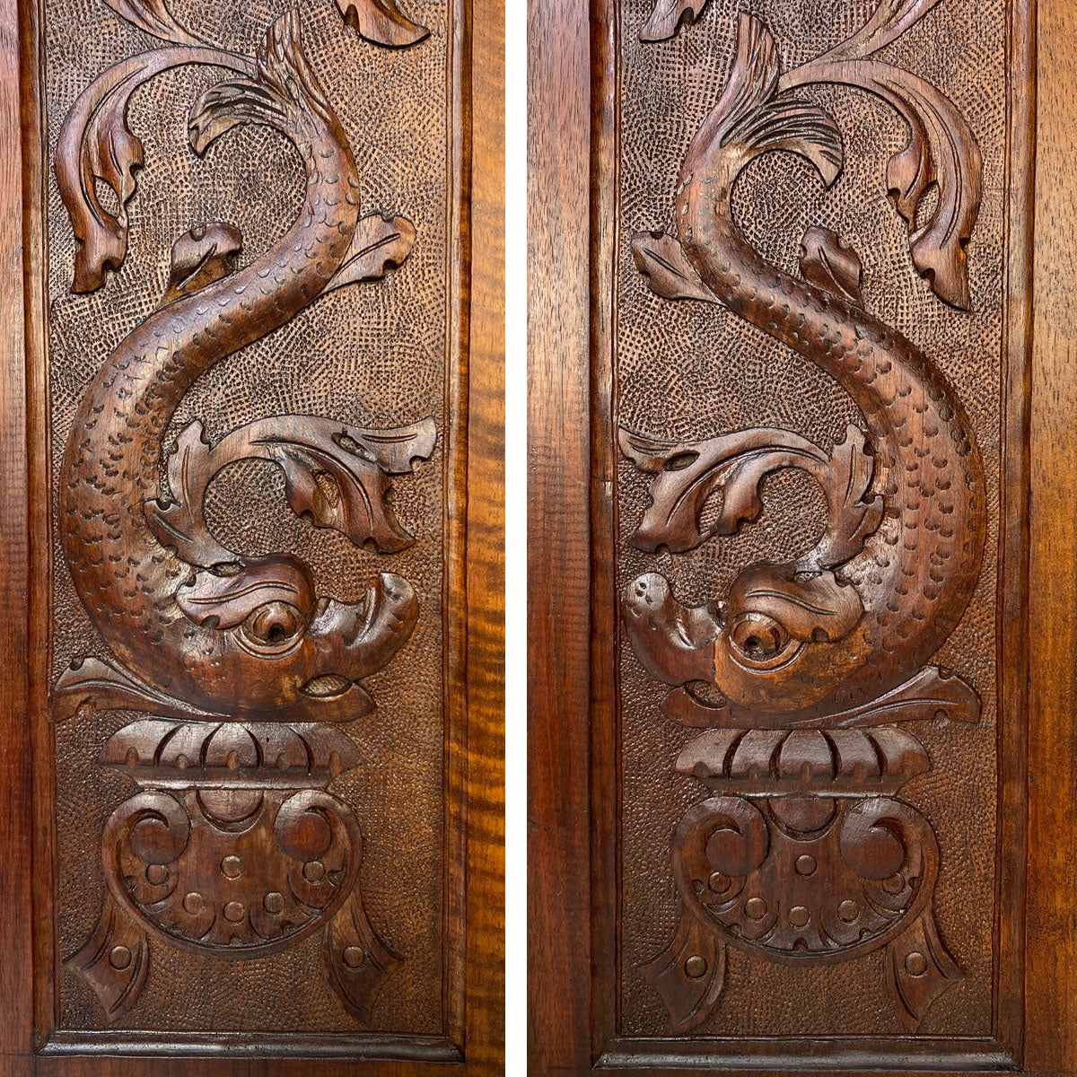 Antique Victorian Carved Walnut Furniture or Cabinet Door Panel PAIR, Architectural, Serpent Figures