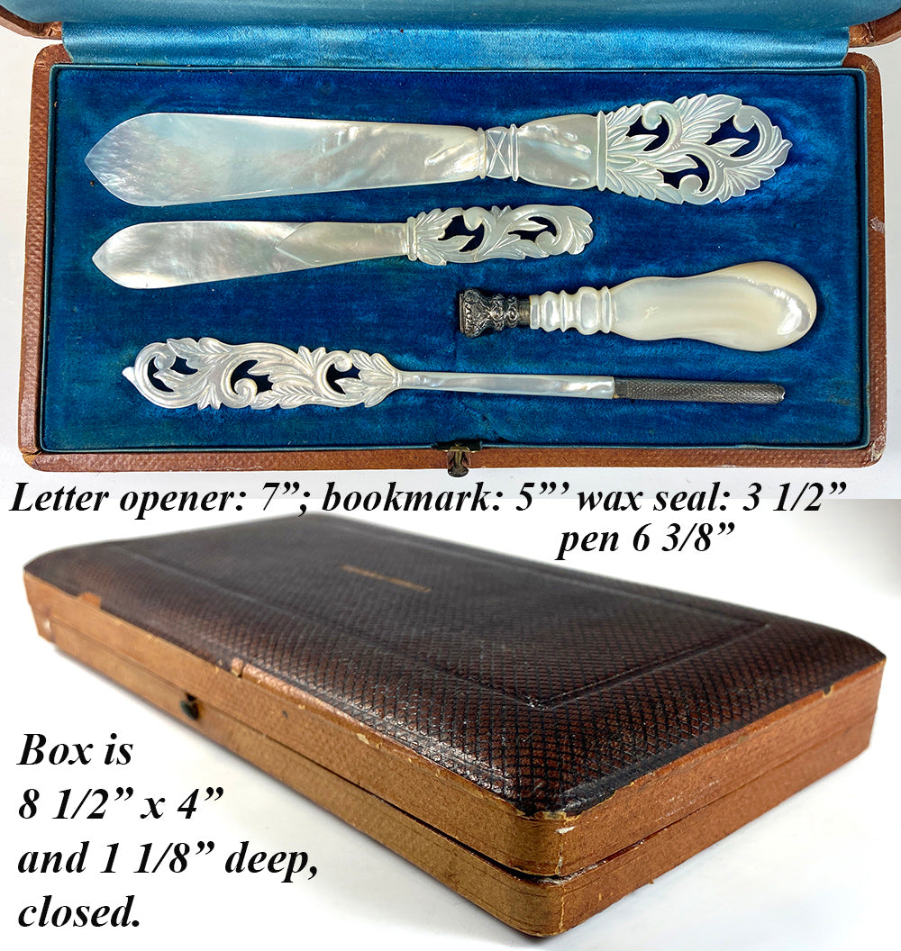 Antique French HC Mother of Pearl Desk or Writer's Set, Pen, Wax Seal, Bookmark, Letter Opener