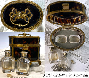 Antique French Napoleon III (c.1850-70) Tortoise Ormolu Scent Caddy, 2 Perfume Bottles