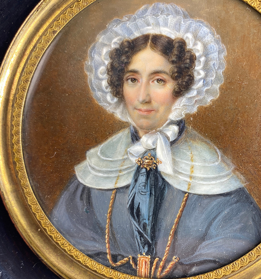 Fine Antique French Portrait Miniature, c.1800-20s Woman, Huge Lace Bonnet, Jewelry