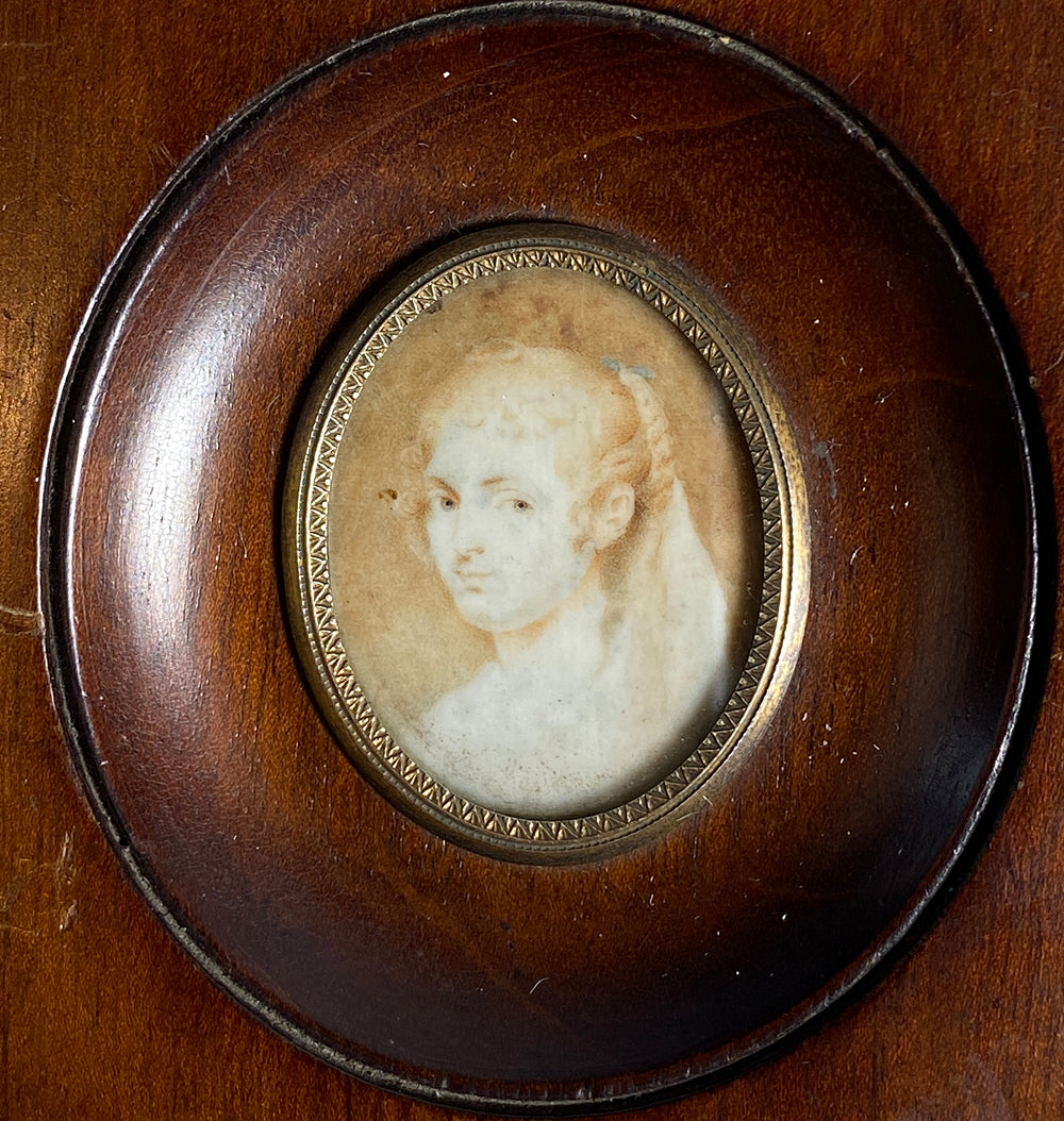 Antique French Portrait Miniature, Beautiful Blond in Monochromatic - A Tiny Gem