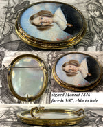 RARE Pair Artist Signed Mourat c.1846 2 Portrait Miniatures on Mother of Pearl, French Couple, Brooch Mounts